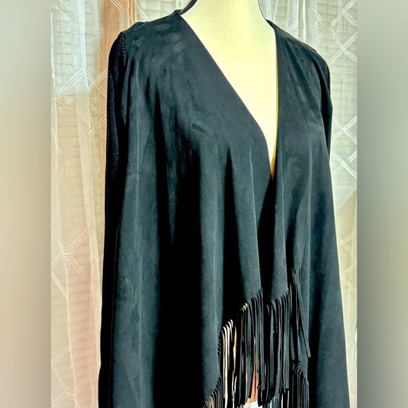 INC International Concepts Black women’s M Faux-mole skin fringe long sleeve - Picture 3 of 9